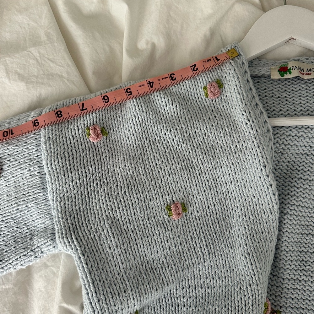 Fanm Mon Hand Knit Blue Embroidered Rosette Cardigan Sweater - Picture 11 of 12